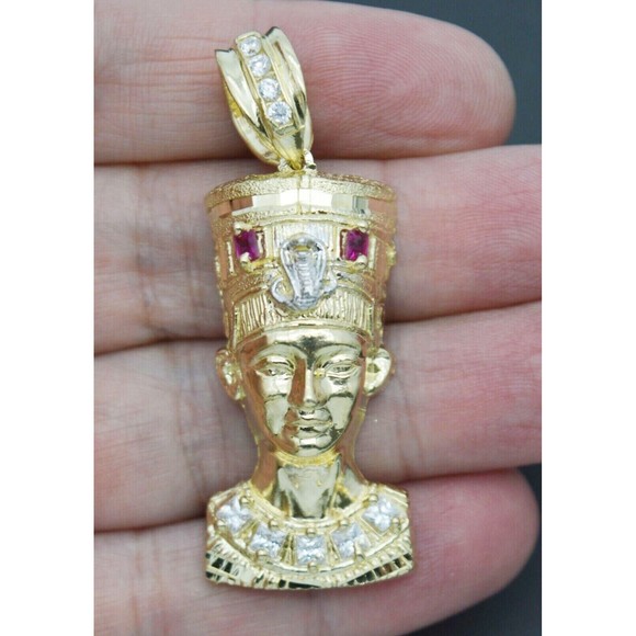 Real 10k Yellow Gold Egyptian King Head Diamond Cut Pendant 3D - Picture 2 of 9